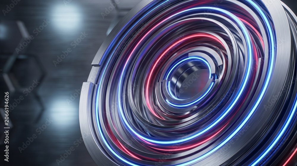 Fototapeta premium Abstract 3D render of futuristic concentric metallic rings with glowing blue and red neon lights on a dark background.