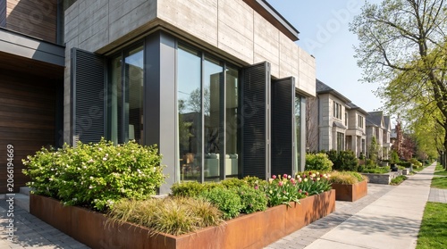 Modern luxury residential home exterior with large glass windows and corten steel garden planters.