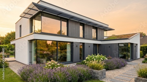 Modern luxury two-story family house with large windows and a beautiful landscaped garden at sunset.