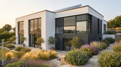 Modern minimalist house with solar panels and a beautifully landscaped garden during golden hour.