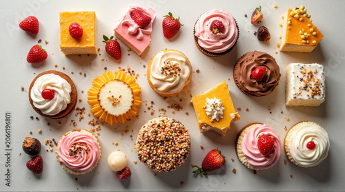 Variety of sweet pastries and cakes with strawberries and nuts on a table