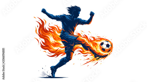 Bilde på lerret A soccer player kicking a fiery soccer ball with dynamic flames and motion
