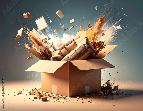 A brown cardboard box explodes open with debris flying everywhere