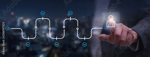 Confident manager operates intelligent hiring process recruitment selection choosing talent for career business growth via digital interface