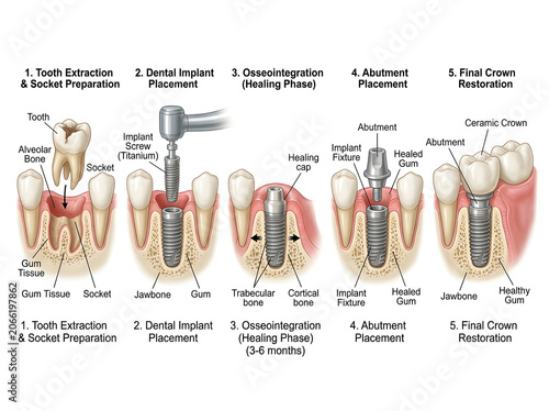 Dental implant procedure step by step illustration isolated on white background