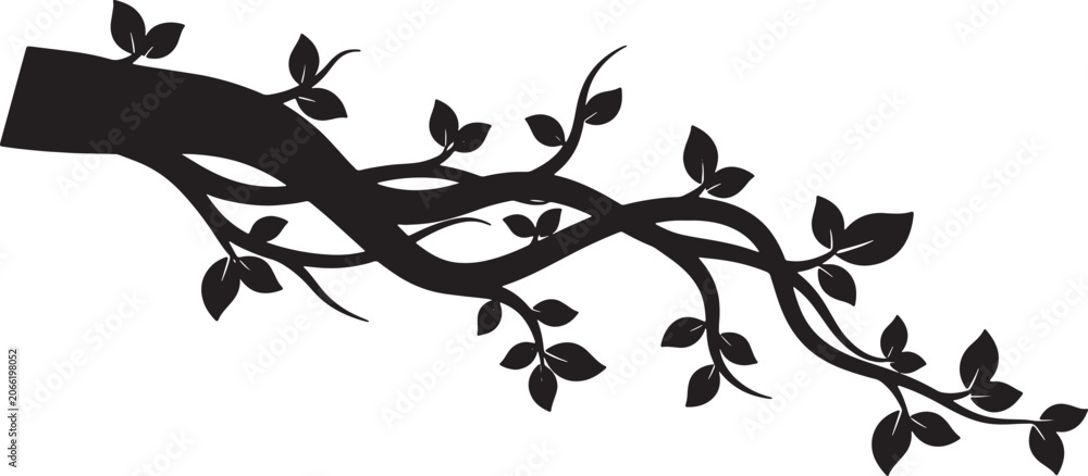 Fototapeta premium Tree branch with leaves, detailed black silhouette of nature element.