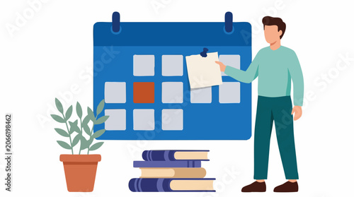 Man planning schedule on a large calendar with sticky note and thumbtack