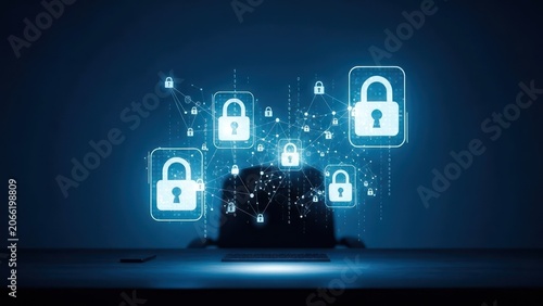 Cybersecurity and Data Protection Digital Lock Icons Surrounding a Laptop.