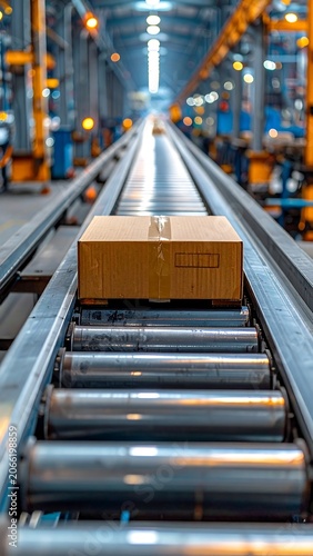 A brown cardboard box sits on a conveyor belt in an industrial setting