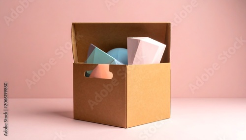 A brown cardboard box with colorful shapes inside on a pink background