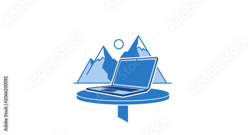 Laptop with mountains and sun/moon icon in the background, symbolizing remote work in nature, isolated white background