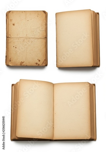 Set of old vintage books with blank pages and worn covers in different positions including closed and open antique paper hardbound literature objects for reading and study