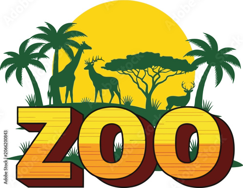 Photography Safari Zoo Logo with Giraffe, Elephant and Palm Trees in Colorful Wildlife Illus