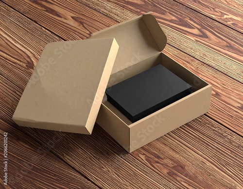 A brown cardboard box with its lid open, revealing a black object inside on a wooden surface