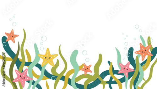 Cute underwater illustration featuring smiling colorful starfishes among wavy seaweeds on a white background.