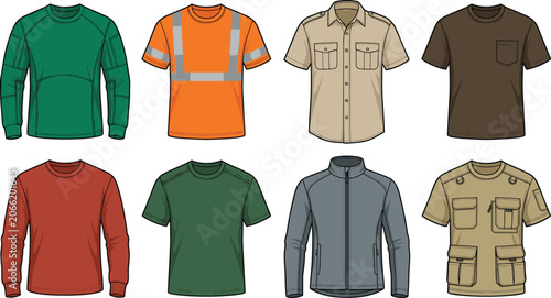 Fényképezés Collection of mens workwear shirts and tactical utility jackets vector technical