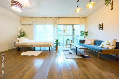 Bright studio apartment with bed sofa and dining table interior