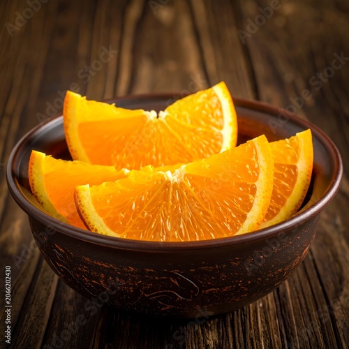 A brown ceramic bowl containing four slices of vibrant orange fruit on a wooden table