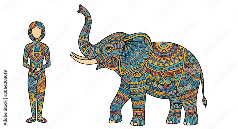 Obraz premium Intricately decorated elephant and human silhouette with colorful ethnic ornaments on a white background.