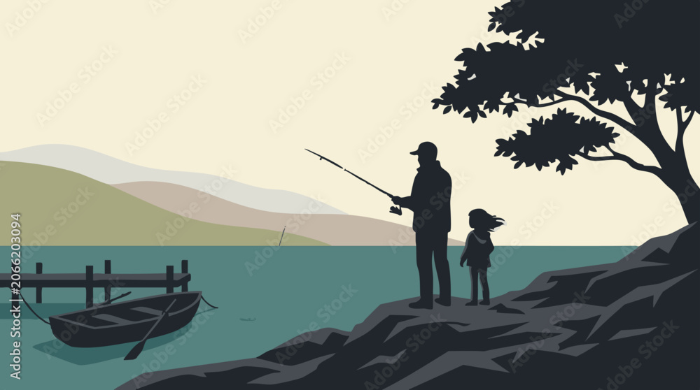 Αυτοκόλλητο Silhouette of father and daughter fishing by a lake with boat and dock