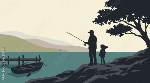 Tablou pe pânză Silhouette of father and daughter fishing by a lake with boat and dock