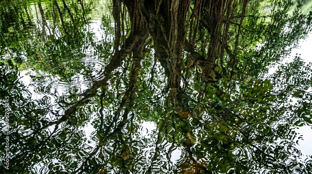 Fototapeta premium Reflection of a large banyan tree with hanging roots in the rippling water of a pond