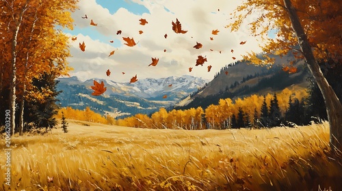 Autumn landscape with falling leaves and mountain range under sunny sky