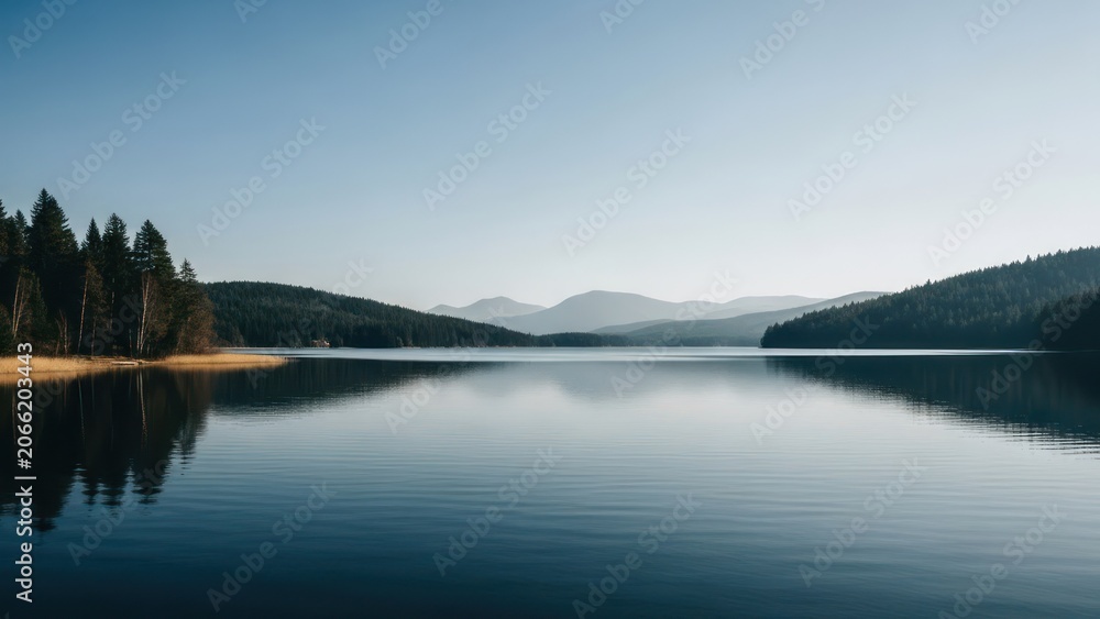 Fototapeta premium Serene Mountain Lake Reflection with Pine Trees and Clear Sky.