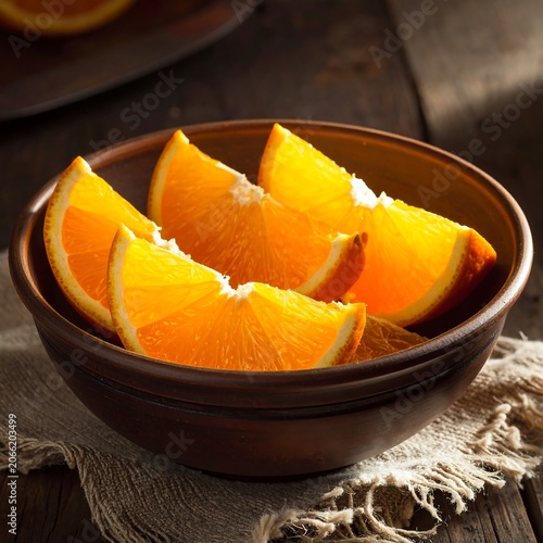 A brown ceramic bowl filled with orange slices on a table