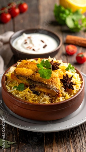 A brown ceramic bowl filled with yellow rice and meat on a white plate