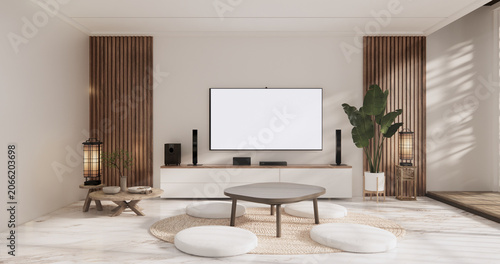 фотографія Cabinet on scene white living room wall decoration and granite tiles floor