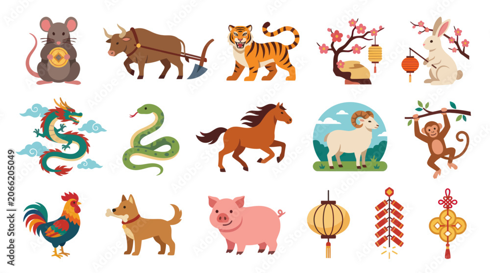 Fototapeta premium Chinese Zodiac Animals - Flat Vector Icons Set for Lunar New Year Celebrations