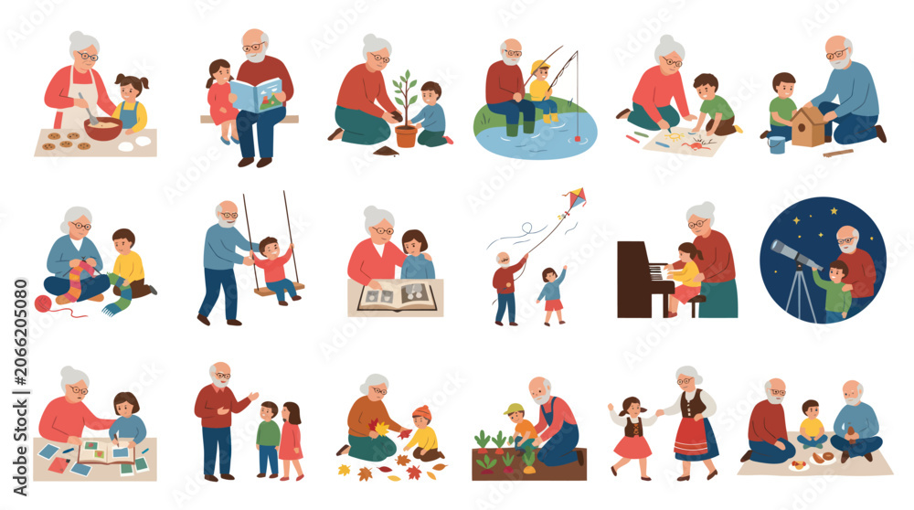 Fototapeta premium Happy Grandparents and Grandchildren Together, Flat Illustration