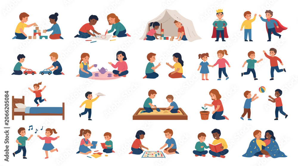 Fototapeta premium Flat Vector Illustration of Diverse Children Playing and Learning Together