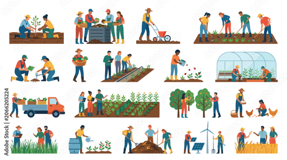 Naklejka premium Flat Vector Set: People Farming, Gardening, and Sustainable Agriculture Activities. Organic Food Production
