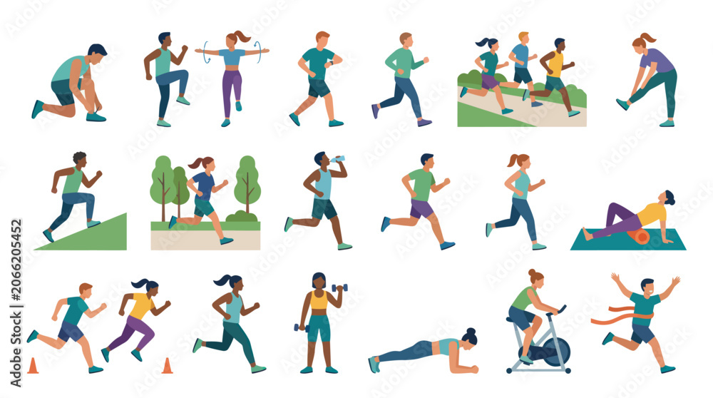 Fototapeta premium Flat Style Illustration Collection of People Exercising, Running, and Training in Various Fitness and Sport Activities