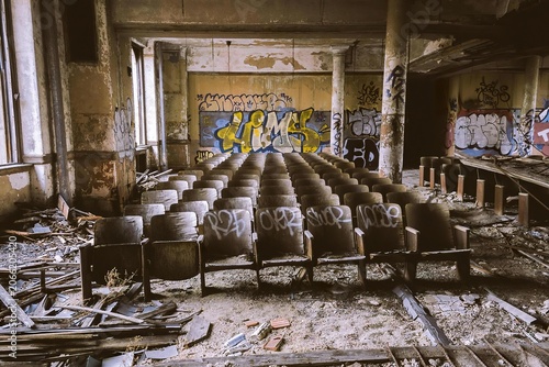 Cuadro en lienzo Abandoned classroom with broken desks and walls in disrepair