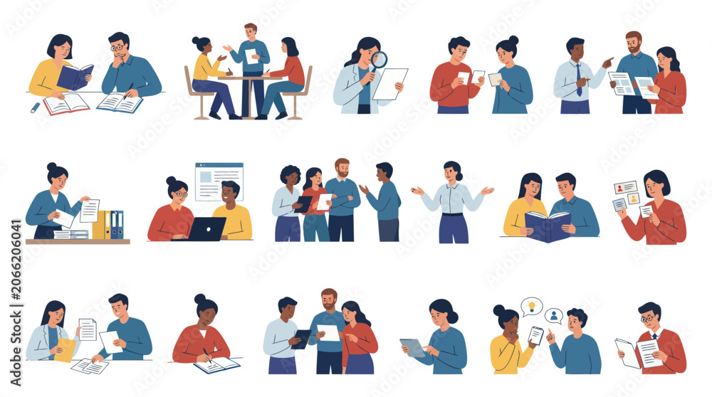 Fototapeta premium Flat Vector Business Communication and Education: People Working, Learning and Collaborating Illustrations