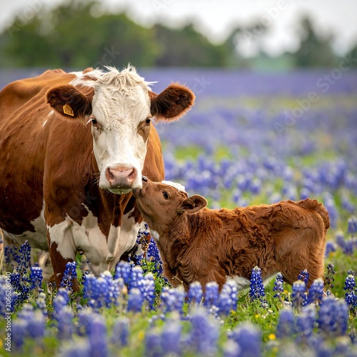 A brown cow and calf in a field of blue flowers