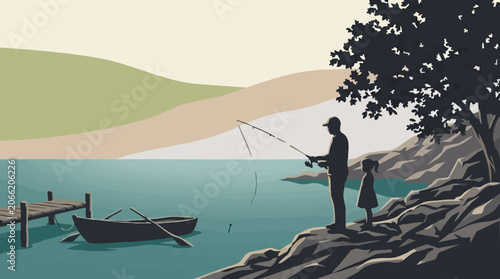 Father and daughter fishing by a lake, serene minimalist illustration