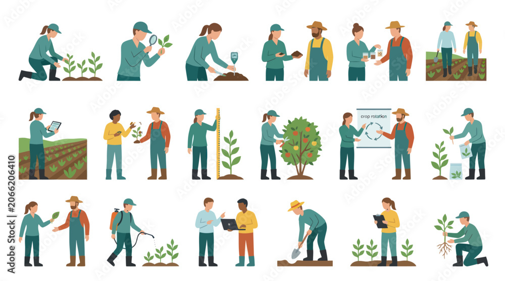 Fototapeta premium Flat Vector Illustrations of Farmers and Agronomists: People Working in Agriculture and Crop Cultivation