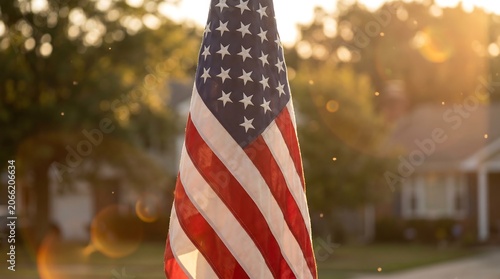American flag prominently displayed, backlit by stunning golden sunset light.