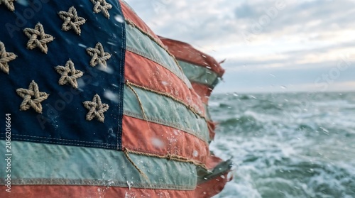 Weathered American flag with rope stars waving over stormy ocean water
