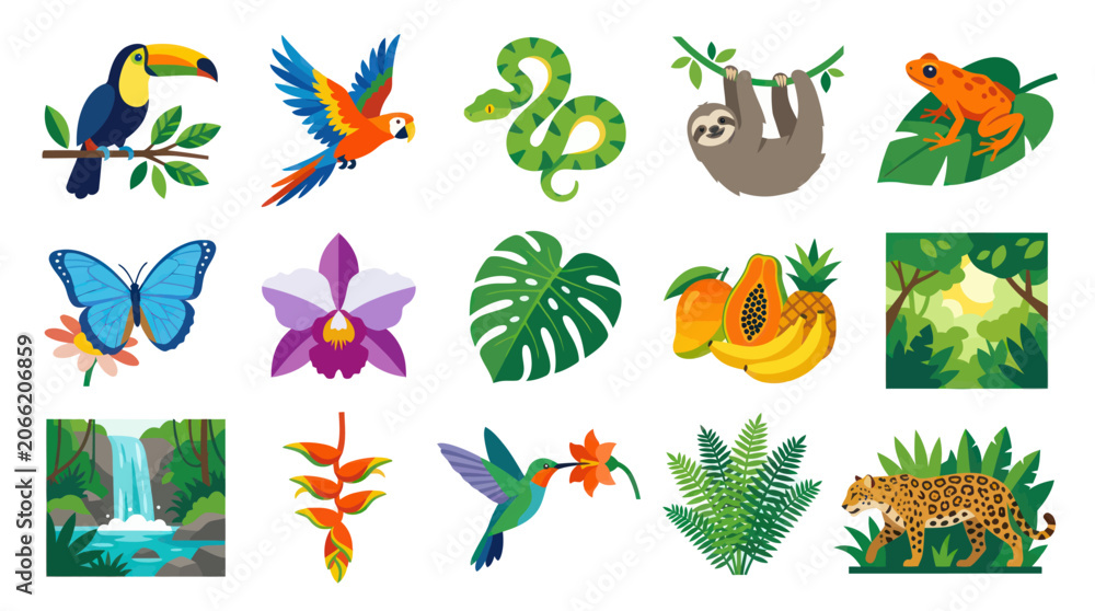 Obraz premium Amazon Rainforest Wildlife and Flora Flat Vector Icons