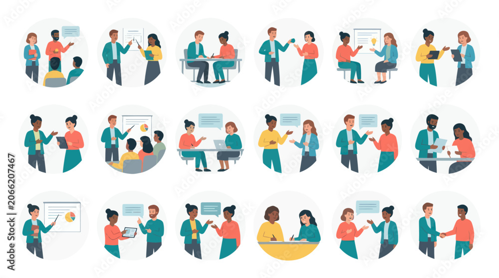 Fototapeta premium Diverse Business Team Collaborating in Flat Design Office Meetings and Discussions