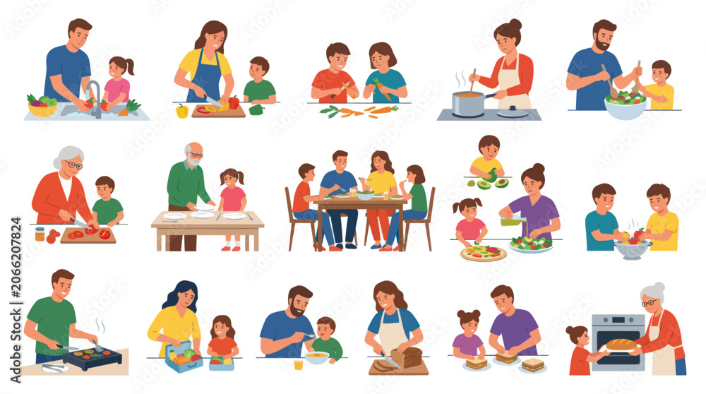 Fototapeta premium Family Cooking and Healthy Eating Flat Vector Illustration. Parents, Kids, Grandparents Preparing Meals.
