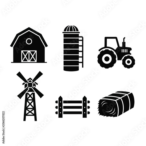 Black Farm Icons Set on White Background - Agriculture Symbols