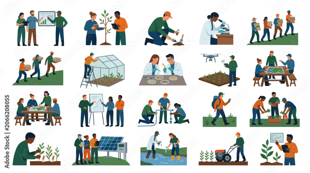 Fototapeta premium Sustainable Agriculture, Agri-Tech Environmental Science: Flat Vector Illustrations of Farming, Research Innovation