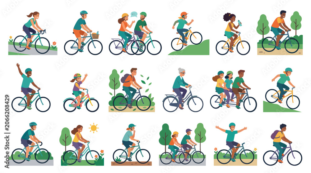 Obraz premium Flat Vector Illustration of Cyclists and People Riding Bicycles for Outdoor Recreation and Healthy Lifestyle