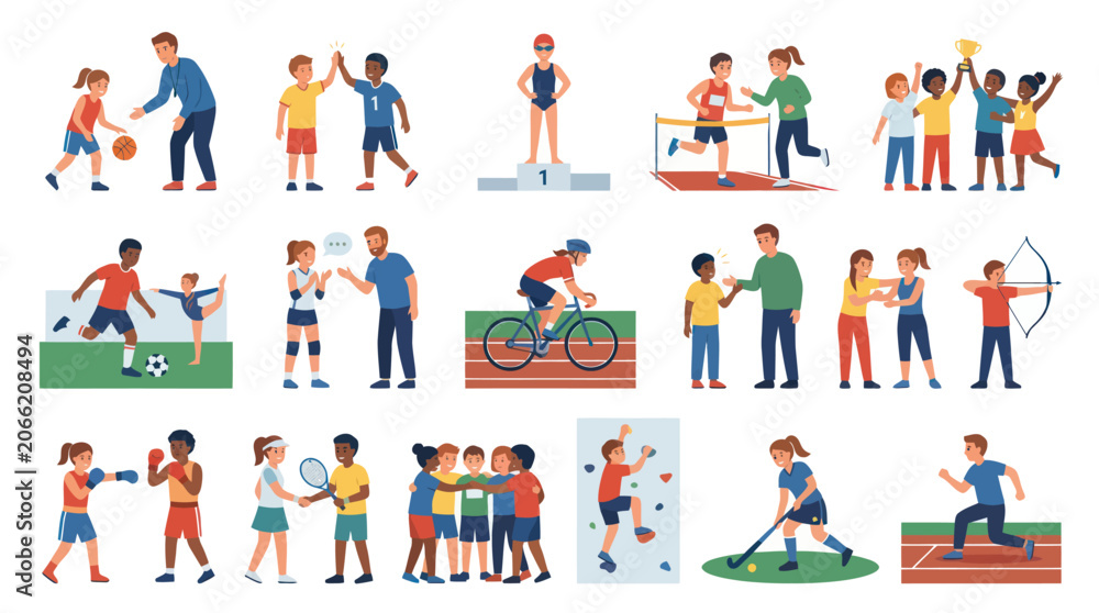 Fototapeta premium Children's Sports and Activities Flat Vector Illustration Set: Kids Playing, Training, Competing Winning